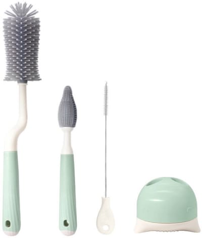 Babyflessenborstel - Flessenreinigingsborstel - 4-delige babyflessenborstelset - BPA-vrij, vaatwasserbestendig | 4-in-1 reinigingsborstel + flessenreinigingsborstel met vaste basis