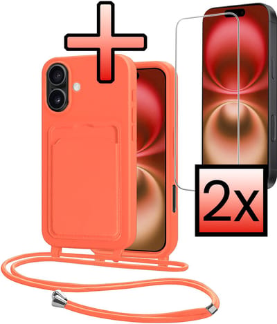 Hoes Geschikt voor iPhone 16 Plus Hoesje Pasjeshouder Cover Met Koord Case Siliconen Hoes Met Telefoonkoord en Kaarthouder Met 2x Screenprotector - Papaya