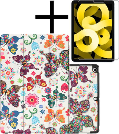 Hoes - Geschikt voor Apple iPad Air 5 (2022) - 10.9 inch - 5e Generatie - M1 - Met Screenprotector - Trifold Bookcase - Hard Cover - Hardcover Book Case - Tablet Hoesje - Vlinders