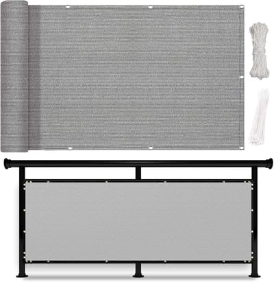 Balkonscherm Grijs 90x1000 cm Weerbestendig Privacydoek met Touw en Kabelbinders