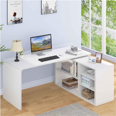 HSH L Vorm Bureau Wit Met Plank Omkeerbaar Hoekbureau Computer Bureau Met Opbergruimte Lade 55 Inch Thuiskantoor Gaming Studie Werkstation