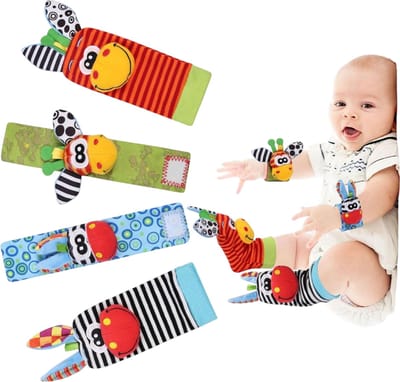 2 paar - Educatieve rammelsokken - 1 paar horlogebandjes + sokken, zacht, huidvriendelijk en veilig - Rammelende dierenarmband - Educatief speelgoed voor pasgeborenen - 7*18 cm - Geschikt voor baby's van 0 tot 12 maanden - Giraffe blauw, groen