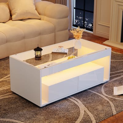 MODENUIT Salontafel - Met LED, 2 Laden En Glasblad - Voor Woonkamer - Wit Spaanplaat En Glas - 100x50x40 Cm