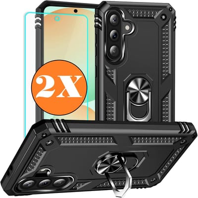 Hoesje Geschikt voor Samsung Galaxy A56 5G Hoesje Zwart Anti-Shock Hybrid Armor hoesje Met Draaibare Ring Houder - Samsung A56 Screenprotector 2 pack