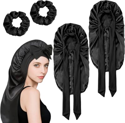 Zijde slaapcap voor lang haar met 2 zwarte haarbanden, ideaal voor het beschermen van haar tijdens de nacht, voorkomt klitten en breuk