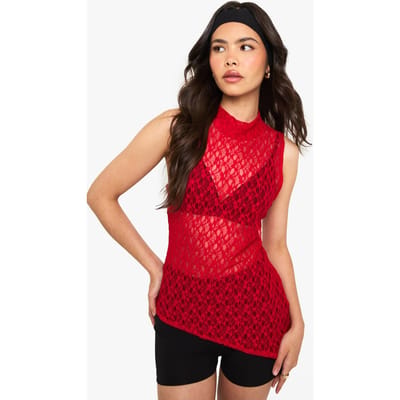 boohoo Dames Top met kant in de nek, asymmetrische zoom | Red | Maat: 6