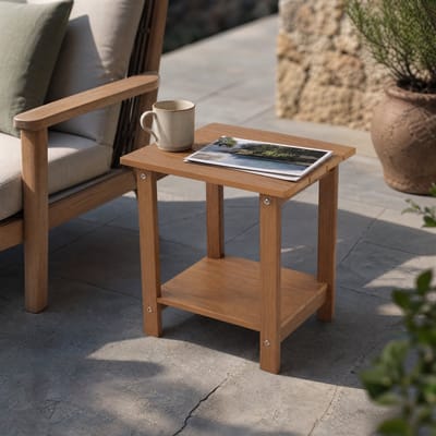 Bijzettafel tuin 2-laags - teaklook HIPS kunststof houtlook salontafel en balkontafel voor terras, veranda en loungehoek, weerbestendig en onderhoudsarm buitenmeubel met extra opbergruimte, compact design en outdoor living, 41 x 32 x 42,5 cm