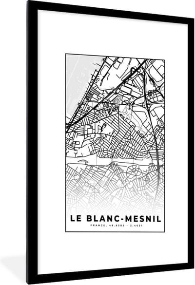 Fotolijst incl. Poster Zwart Wit- Plattegrond - Kaart - Frankrijk - Stadskaart - Le Blanc-Mesnil - Zwart wit - 60x90 cm - Posterlijst