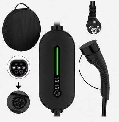 Mobiele Thuislader Type 2 vanaf stopcontact – 10 meter – 3,7 kW 16A – IP66 Waterdicht – Instelbare laadstroom – Schuko – Zwart – Inclusief tas
