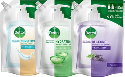 Dettol - 3x Dettol Refill Hydrating Aloe Vera 500ML - 1 x Dettol Refill Sensitive 500ML - 1x Dettol Refill Relaxing Lavender 500ML - Voordeelpakket