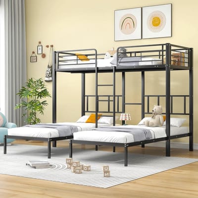 Drievoudig Stapelbed - Kinderbed Drie Personen - Ruimte Besparen - Met Praktisch Bureau - 90x200cm Matras - Zwart