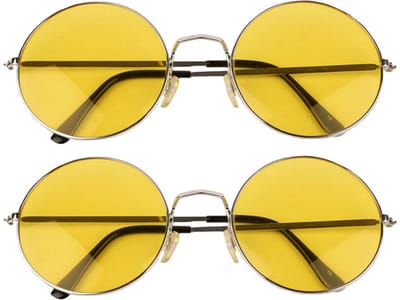 Faram Party zonnebril - 2x stuks - Hippie Flower Power Sixties - grote XL ronde glazen - geel