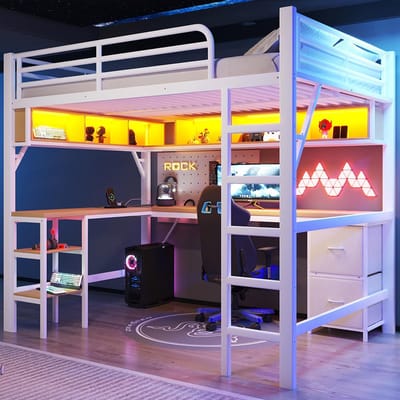 BLACKCOLORS Metalen hoogslaper voor gaming (140 x 200 cm) met boekenkast, bureau, kast, USB-poort en ledverlichting, wit