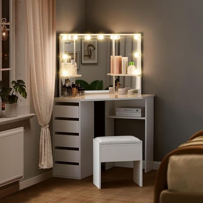 Hoek Kaptafel Set met LED Spiegel en 5 Laden voor Make-up - Perfecte Slaapkamer Meubels