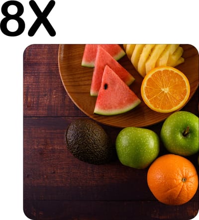 Luxe Placemat - Compositie van Fruit op een Houten Plank - Set van 8 Placemats - 50x50 cm - 2 mm dik Vinyl - Anti Slip - Afneembaar