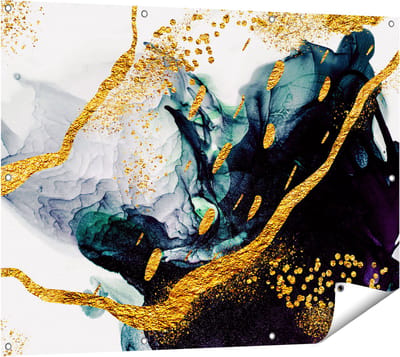 Gards Tuinposter Abstracte Kunst - Zwart Wit met Gouden Strepen - 120x90 cm - Tuindoek - Tuindecoratie - Wanddecoratie buiten - Tuinschilderij