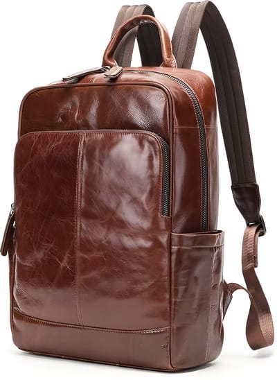 CarryQuest® - Leren Heren Schoudertas - Echt Rundleer - Koeienhuid Reisrugzak - Klassiek Bruin - Computertas - Satchelrugzak - Koffie