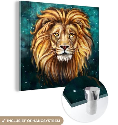 MuchoWow® Glasschilderij 50x50 cm - Schilderij acrylglas - Leeuw - Schilderij - Sterrenhemel - Foto op glas - Schilderijen
