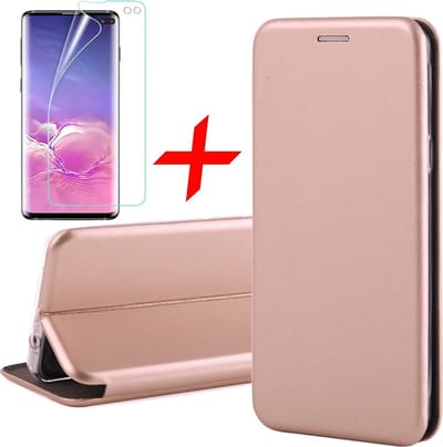 Hoesje geschikt voor Samsung Galaxy S10 Plus - Screen Protector PET - Book Case Kunstleer ThinShield Goud & Screenprotector