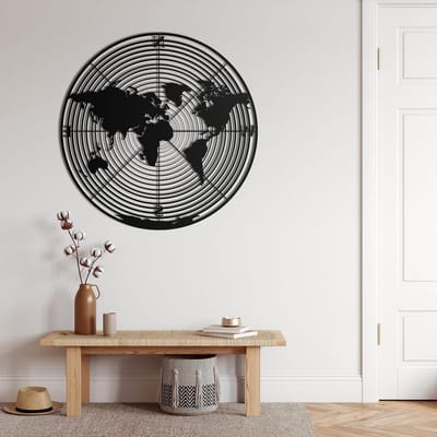 Wanddecoratie Wereldkaart - Metaal Cirkel - Woonkamer Decoratie - Zwevend Effect - 90x90cm - Zwart