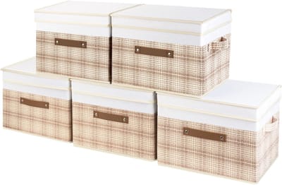 Famanu - Opvouwbare Opbergdoos met Deksel, Stof, Afwasbaar, Patchwork Patroon, Opbergbak met Deksel, 38x25x25 cm, Set van 5, Lichtbruin
