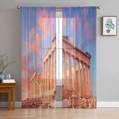 Parthenon Zonsondergang Roze Wolken Transparant Gordijn Voor Woonkamer Slaapkamer Voile Gordijnen Voor Raam Organza Gordijnen Feest Tule Draperieën 135W x 114H(cm) gray