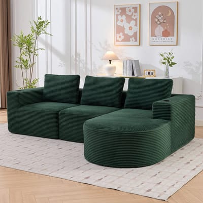 DESMIU Hoekbank - 2-Zits Zitbank - Met 3 Kussens En 2 Bekerhouders - Voor Woonkamer, Appartement En Kantoor - Polyester Retrogroen