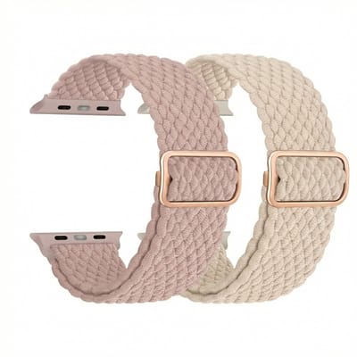 Beige roze nylon horloge band 2 pack dames heren geschikt voor Apple Watch 38 mm / 40 mm / 41 mm / 42 mm (serie 10 / 11) – rekbare band – gevlochten verstelbare stijl