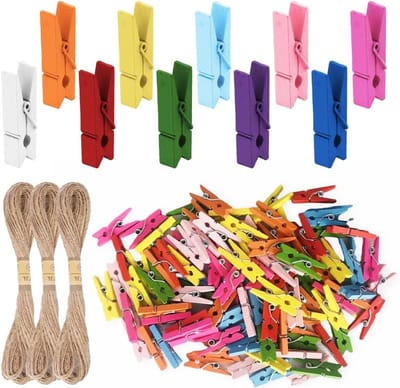 Houten Knijpers - Wasknijpers Mini - Foto's Ophangen - Sterke Veerveren - 35 cm - Meerkleurig