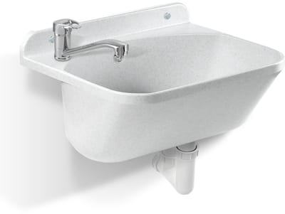 GOSPO Gootsteen met draaibare kraan, sifon, wastafel 46 x 36 x 20 cm, wasruimte voor garage, wasbak, kelder, wandmontage, in plaat, spoelbak incl. accessoires (wit)