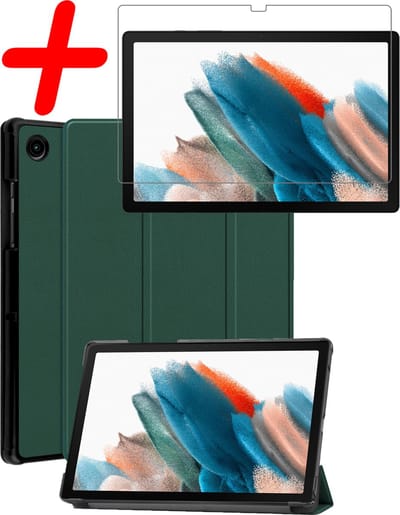 Hoesje Geschikt voor Samsung Galaxy Tab A8 - Met Screenprotector - Trifold Bookcase - Hard Cover - Hardcover Book Case - Tablet Hoes - Donkergroen