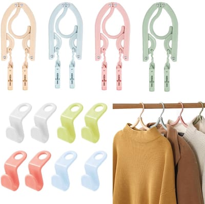 Dailygoods- Kleerhangers 4 Stuks - Inklapbare Kleerhangers - Kunststof - Verbindingshaken 8 Stuks - Driedelig Ontwerp - Diverse Kleuren - Hangers