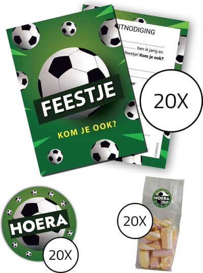 Uitnodiging kinderfeestje Compleet - Voordeelset 60 stuks : 20 uitnodigingskaarten + 20 uitdeelzakjes + 20 stickers - verjaardag feest - Voetbal - Kinderfeestjes