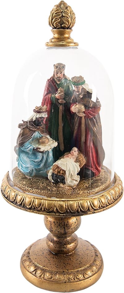 Clayre & Eef Stolp Kerstgroep 35 cm Goudkleurig Kunststof Glazen stolp