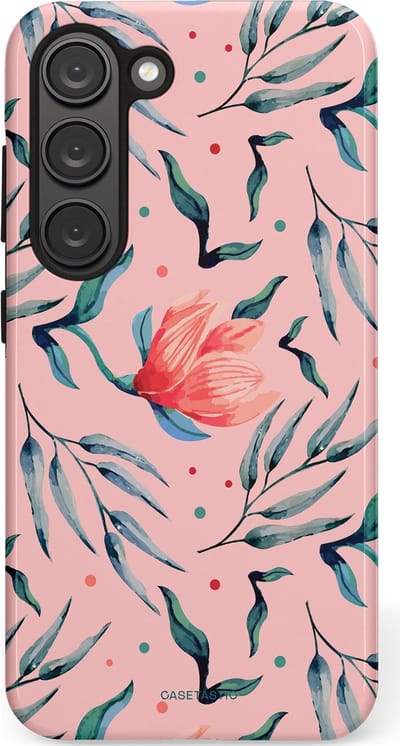 Casetastic hoesje geschikt voor Samsung Galaxy S23 - Dubbellaagse bescherming - Roze Bloemen en Takken - Fashion Case - Lichtroze Zilver Perzik
