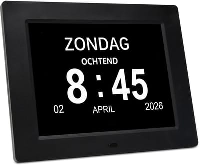 Pora&Co - Digitale Dementieklok XL – Kalenderklok met Datum en Dag – Alarmfunctie – 7 inch - Alzheimerklok - Verschillende Interface aan de achterkant stel je Analoog of Digitaal in