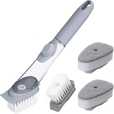 Afwasborstel met dispenser - Keukenborstel reiniger - Efficiënt schoonmaken - Verwisselbare koppen - 3 stuks - Grijs