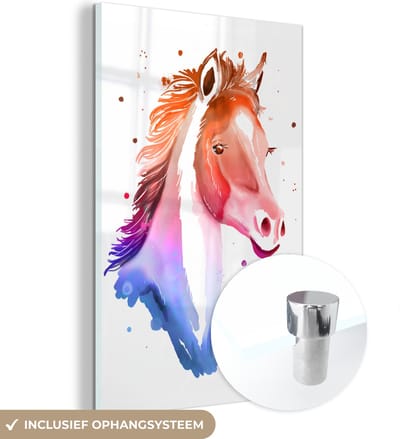 MuchoWow® Glasschilderij 40x60 cm - Schilderij acrylglas - Paard - Rood - Roze - Meisjes - Kinderen - Meiden - Foto op glas - Schilderijen