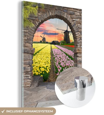 MuchoWow® Glasschilderij 30x40 cm - Schilderij acrylglas - Tulpen - Bloemen - Molen - Doorkijk - Foto op glas - Schilderijen