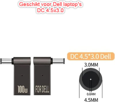 Togadget® - PD 100W Laptop Voedingslader Adapter voor Dell 4.5x3 - Type-C naar DC-converter - Power Delivery-adapter - Compatibele lader adapter voor Dell