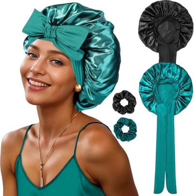 Dailygoody - Zijden haarmuts om te slapen - Satijnen haarkap - Zacht en comfortabel - Pauwblauw en zwart - Inclusief scrunchies - Geschikt voor dames ...