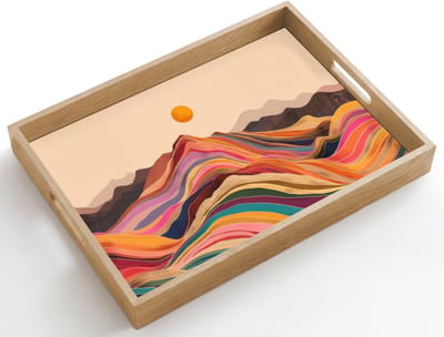 Dienblad hout 50x35 cm - Schootdienblad - Zon - Kleurrijk landschap - Bergen - Borrelplank rechthoek - Plateau dienbladen