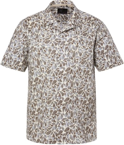 JP 1880 - Heren - linnenmix overhemd korte mouwen Cubaanse kraag bloemenprint - Hazelnoot - Maat 3XL