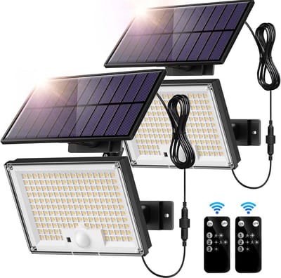 Zonne-energie Buitenlamp met Bewegingssensor en 172 LEDs - 3 Modi, IP65, LED-Spot met 5 Meter Kabel (2 Stuks)