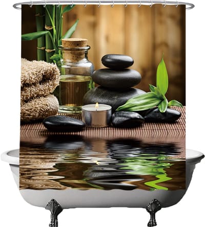 Ulticool Douchegordijn - Zen Spa Meditatie Rust - 180 x 180 cm - met 12 ringen - Anti Schimmel - Waterdicht & Wasbaar - Semi Transparant - Groen