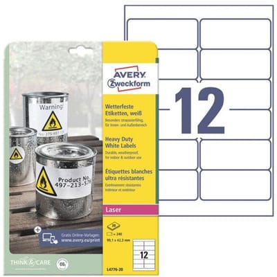 Avery-Zweckform L4776-20 Folie-etiketten 99.1 x 42.3 mm Polyester folie Wit 240 stuk(s) Permanent hechtend Laser (kleur), Laser (zwart/wit), Kopiëren