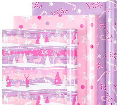 Kerst inpakpapier Rol - Cadeaupapier Sets - Cadeaus Inpakken - Met Gridlines Ontwerp - 3 Rollen 47x300cm - Roze en Paars