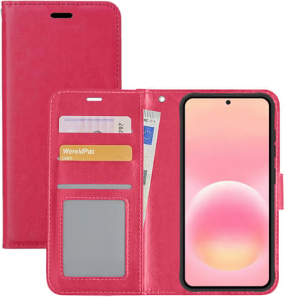 Hoesje - Met Pasjeshouder - Geschikt voor Samsung Galaxy A57 - Luxe Bookcase Portemonee - Flip Case - Kunstleer Book Case - Flipcase - Book Cover - Walletcase - Portemonneehoes - Donkerroze
