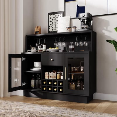 Wijnkast met LED-Verlichting en Glazen Deuren - Multifunctioneel Barmeubel / Koffiecorner met Ingebouwd Stopcontact - 120 cm - Zwart