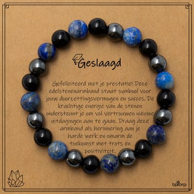Bixorp Lapis Lazuli + Onyx + Hematiet Armband op Cadeau Kaartje - Geslaagd - 8mm / 18cm Edelsteen Kralenarmband - Inclusief Cadeau Envelop